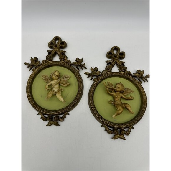 Vintage Hollywood Regency Gold Gilt Ornate Bow Cherub 3D Resin Wall Plaque READ - Picture 1 of 16